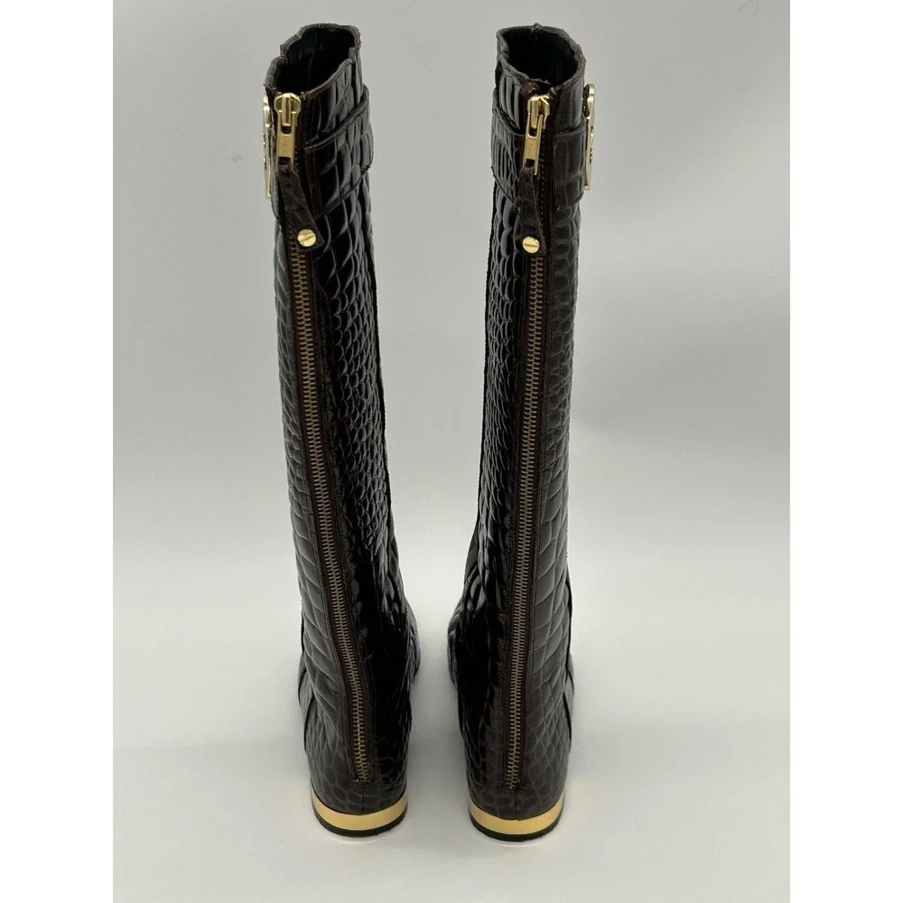 Tory Burch Brown Crocodile embossed leather riding boot Gold Heel & Logo Size‎ 7